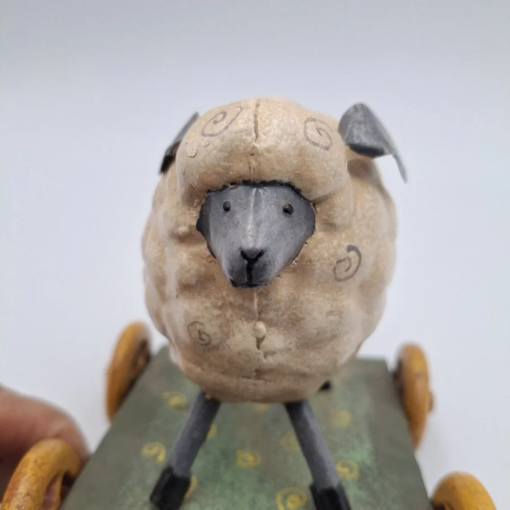 Primitive Folk Art Sheep Pull Toy Figurine Vintage Style Lamb on Wheels Decor